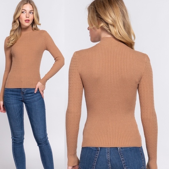 #122 New Khaki Long Sleeve Mock Neck Rib Sweater - Timeless Sophistication - Picture 1 of 5